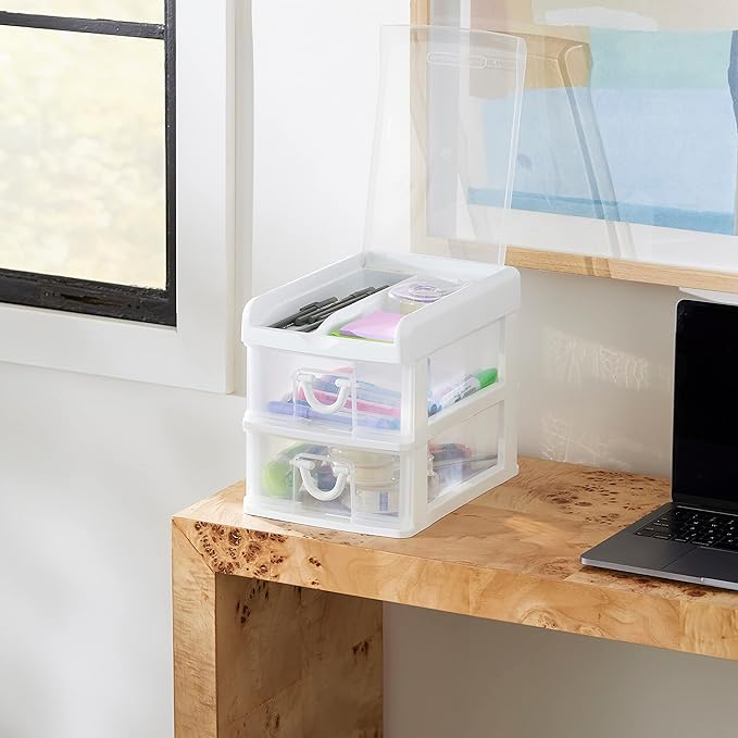 Gracious Living 2 Drawer Desktop & Countertop Organizer with Flip Top Lid for Office Supplies and School Supplies, White/Clear (2 Pack)