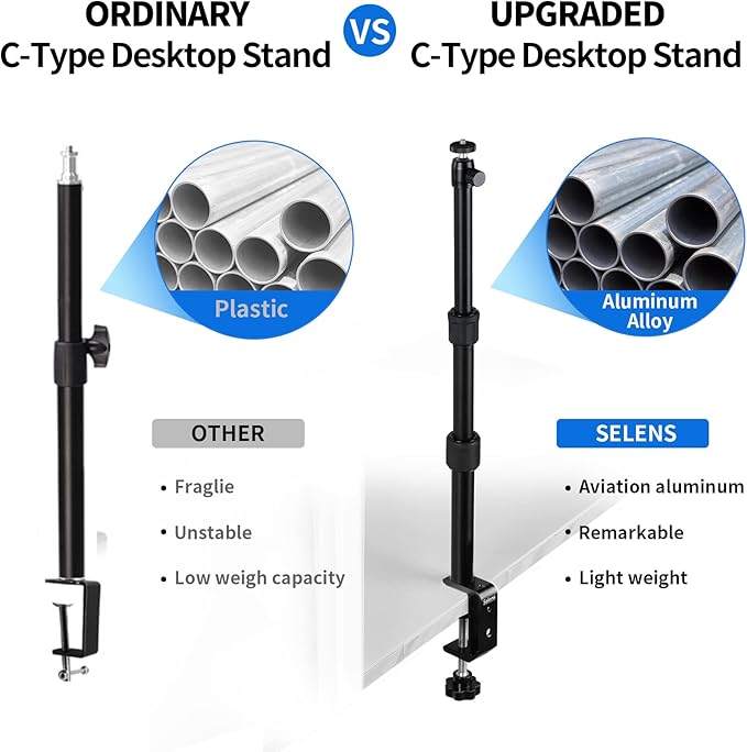 Selens Tabletop Camera Desk Mount Stand, 9.4"-18.5" with 1/4" Ball Head, Adjustable Desktop Stand Mount for DSLR Camera, Ring Light, Live Streaming, Video Studios