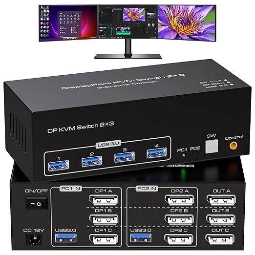 8K Displayport KVM Switch 3 Monitors 2 Computers 8K60Hz 4K120Hz DP KVM Switches Triple Monitor for 2 PC Share 4 USB 3.0 Support Extended & Copy Display Mode Wired Controller and 12V Adapter