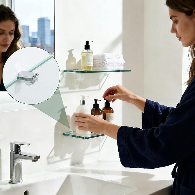 Alise Glass Shelf Brackets,Adjustable Clamp Brackets for Shelves,Wall Mount Clamps for 5-8mm Glass Shelves,Bathroom Clip Holder Support Hardware,Pack of 8