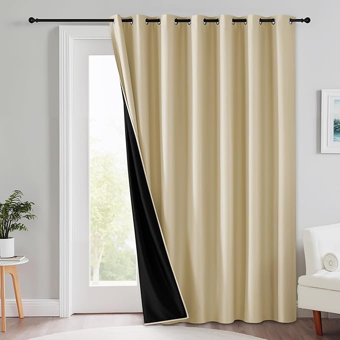 RYB HOME Extra Wide 100% Blackout Patio Door Curtain 96 inch Long, Grommet Room Darkening Room Divider Drapes, Sliding Door Curtains for Living Room/Bedroom Large Window, Beige, W100 x L96