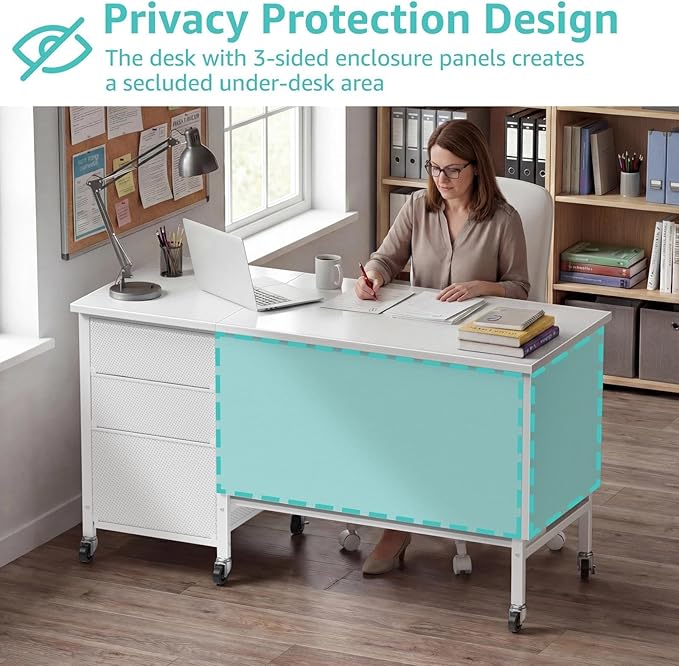 WINAZ Rolling Teacher Desk with File Drawers - 47 Inch Mobile Computer Desk with Privacy Panels & 3 Storage Drawers on Wheels, White Office Desks Workstation for Classroom & Home Office