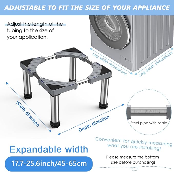 Mini Fridge Stand with 4 Strong Feet Washing Machine Stand Base 9.8"-11" Height Adjustable Universal Stand Base for Portable Refrigerator Dryer Stand Laundry Pedestal for 17.7"-25.6" Appliance, Gray