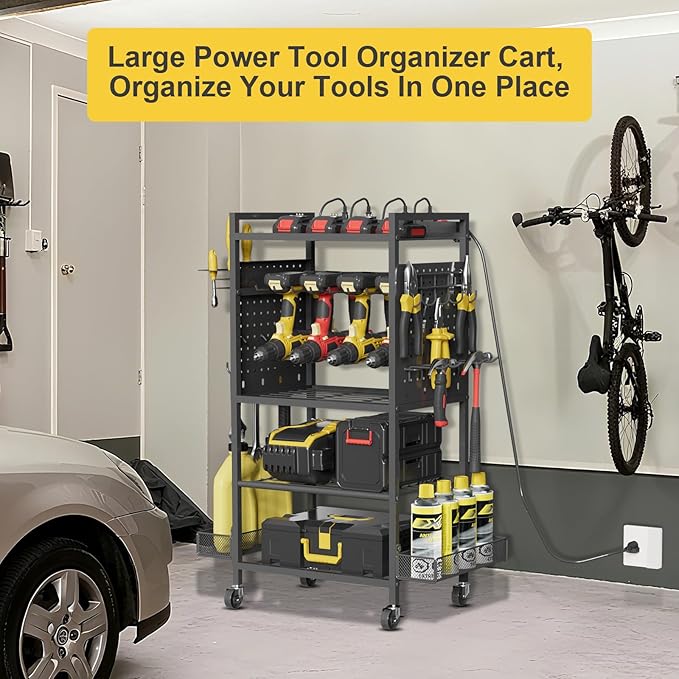 Power Tool Organizer Cart with Charging Station, Heavy Duty Garage Tool Organizer Rolling Tool Battery Storage with 8-Outlet Power Strip, 4 Wheels, 2 Hanging Baskets, 8 Hooks, Drill Bit Holder, Black