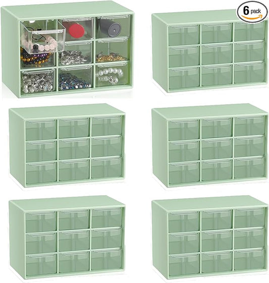 6 Pcs Small Drawer Organizer for Desk, Mini Desktop Drawer Organizer with 9 Clear Drawers, Plastic Desktop Craft Storage Box for Desk Office School Home 7.1" x 3. 8" x 4.6" (Green)