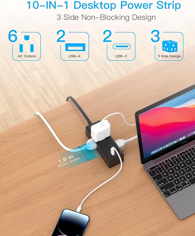 1Ft Extension Cord with Multiple Outlets, Flat Plug Power Strip Surge Protector with 1 Ft Cord, 6 Outlet 4 USB Ports (2 USB C), Multi Outlet Wall Plug for Travel, College, Dorm Room Essentials(Black)