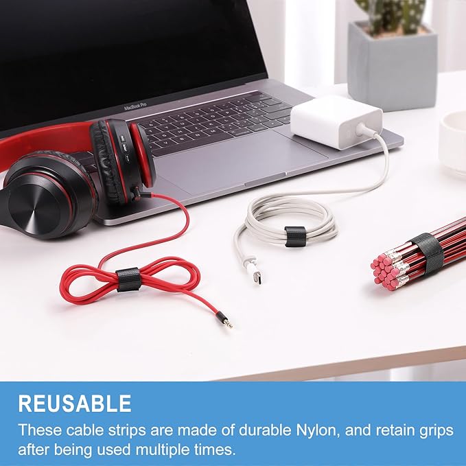100 PCS 8 Inches Reusable Cable Ties | Adjustable Cord Wraps, Cable Straps | Hook & Loop Cord Organizer, Cable Management | 5 Colors