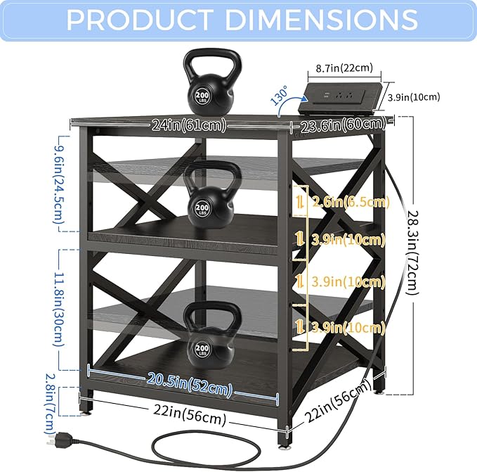 METYERRY Large Printer Stand with Power Outlet, with Height Adjustable Storage Shelf, 3 Tier Rolling Printer Cart with Industrial Wheels, 23.6 x 23.6 Inches Printer Table for Home Office,Black