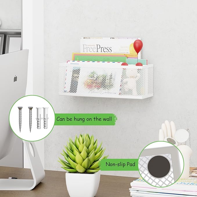 Mail Holder Countertop, Mail Organizer with 2 Slots, Mail Basket Wall Mounted Desktop Mail Sorter Letter Holder Box Envelope Organizer for Home Office, White