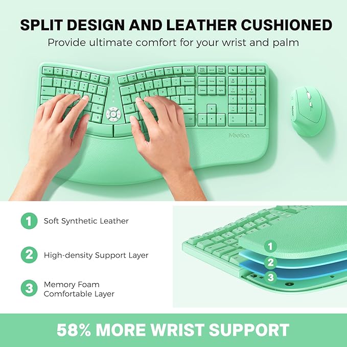 MEETION Ergonomic Keyboard and Mouse, Wireless Keyboard with Vertical Mouse, Split Curved Keyboard with Wrist Rest, Natural Typing USB Receiver Rechargeable Full Size, Windows/Mac/PC/Laptop, GN