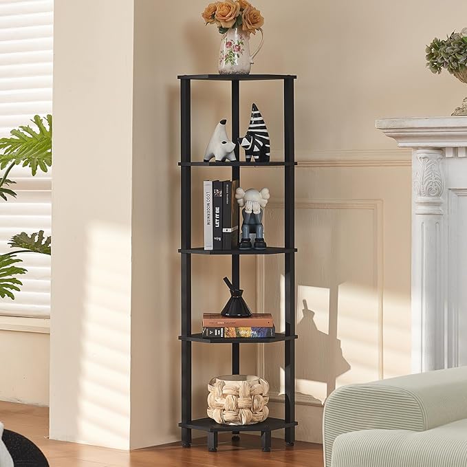 YUFAM 5-Tier Corner Shelf with Sturdy 5-Leg Base, 52in Tall Narrow Bookcase for Small Spaces, Wooden Plant Display Shelf, Thin Bookshelf for Living Room, Bedroom, Office, Black