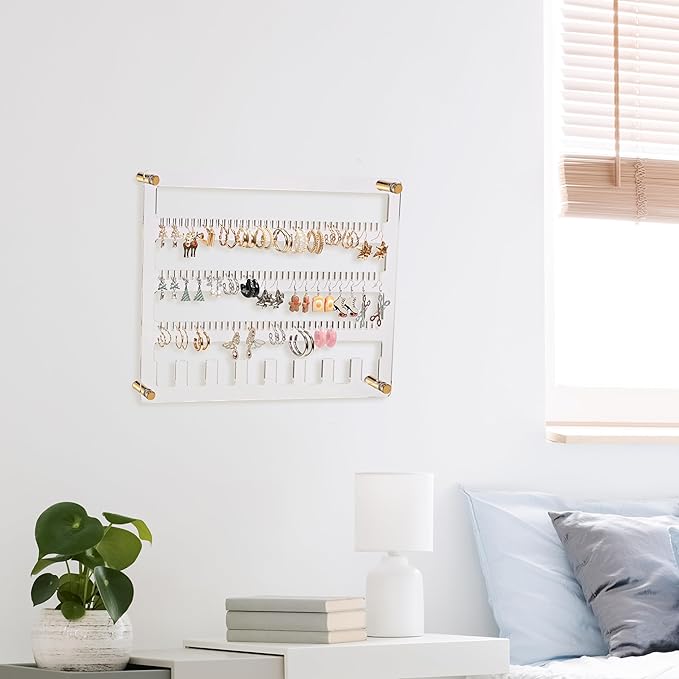 Earring Holder Organizer, 4 Layer Wall Mounted Ear Stud Display Storage, Acrylic Large Capacity Jewelry Organizer Earring Display and Storage for Studs, Dangling, Necklace