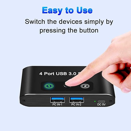 USB Switch, USB Switcher 2 Computers, USB 3.0 Switch Sharing 4 USB Devices KVM Switcher Box for PC, Printer, Scanner, Mouse, Keyboard with 2 Pack USB Cable, Compatible with Mac/Windows/Linux