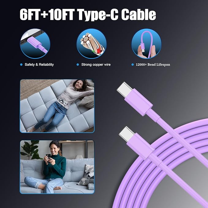 Essri Type C Charger Fast Charging for Samsung Galaxy S25/S24/S23/S22/Note 20,4Pack 25W Super USB C Fast Charger Block with (6ft+10ft) x2 Cables for iPhone 15/16 Pro Max/Plus, Android Phones-Purple