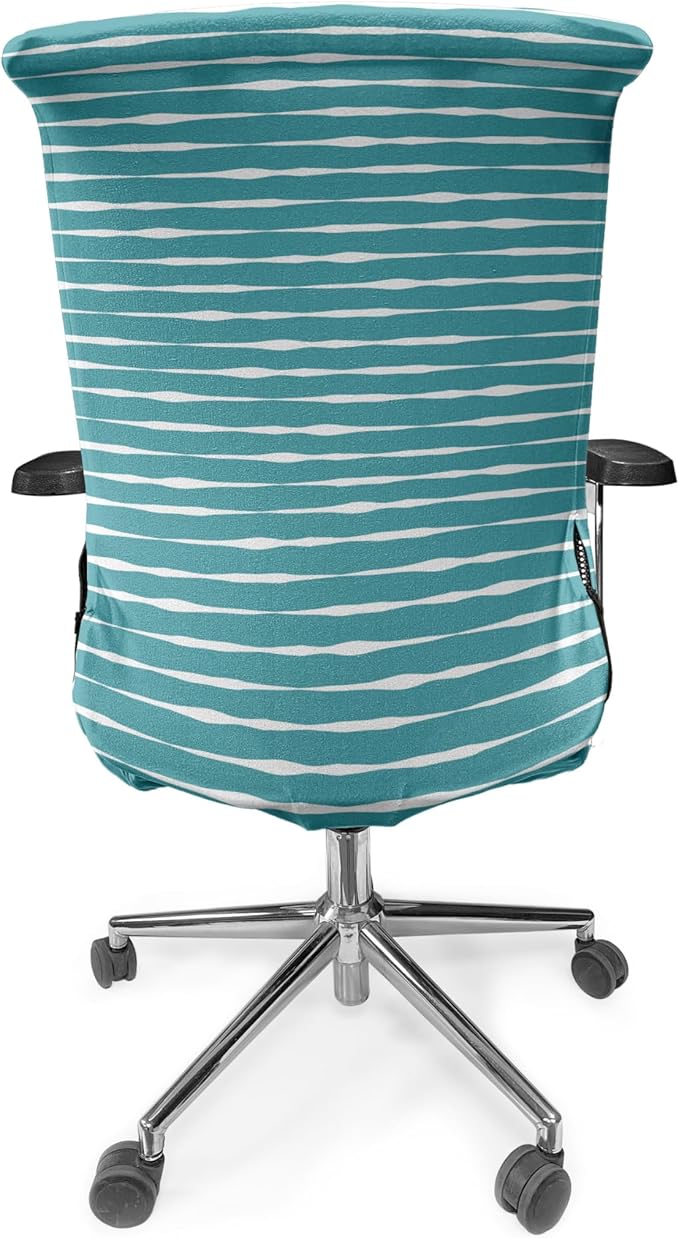 Ambesonne Teal Stripe Office Chair Cover, Horizontal Wavy Lines in Monochrome Design Hand Drawn Like Design Pattern, Stretchable Decorative Universal Size High Back Printed Slipcover, Teal White