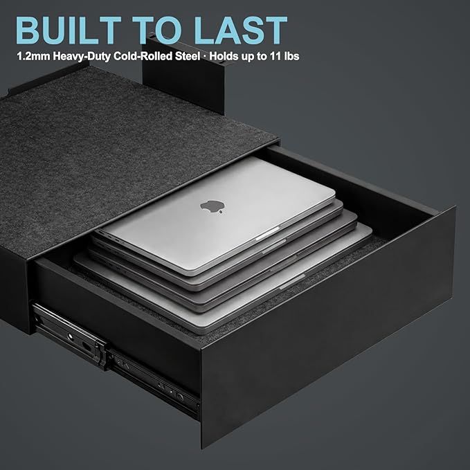Under Desk Lockable Drawer, Slide-Out Storage Organizer with Full Extension Ball-Bearing Slides, Carbon Steel Undermount Drawer for Home Office Standing Desk, Black, 13.8 Inch