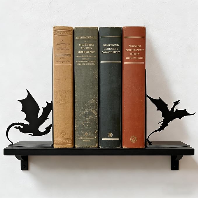 Dragon Metal Bookends for Shelves, Gothic Black Metal Decorative Book Ends, Heavy Duty Rustproof Book Stoppers for Home Office & Study Desk, Ideal Gift for Dragon Lovers & Book Lovers