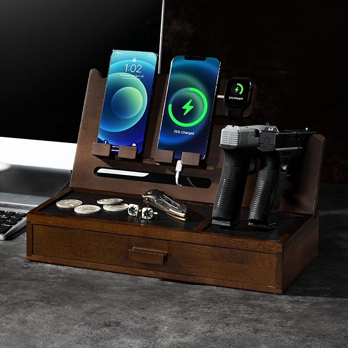DGWJSU Phone Docking Station as Gifts for Men, Wood Pistol Rack As Nightstand Organizer for Gun Safe, Phone Charging Station as Gifts for Him Boyfriend Father in Anniversary Birthday Christmas