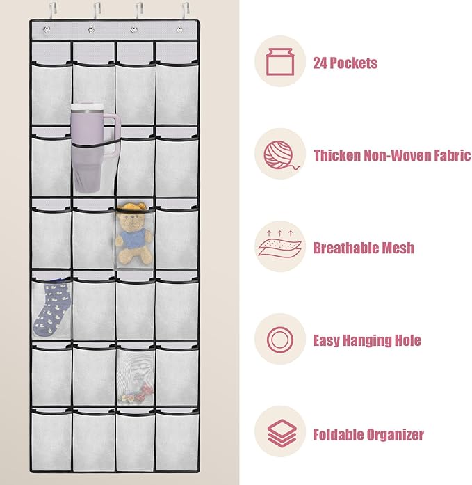 Cup Organizer for Stanley Cup, 24 Pockets Large Capacity Cups Holder for Stanley Tumbler, Portable Foldable Hanging Bag for Cabinet Wall Door RV, Kitchen Storage Accessories for Stanley Cup White