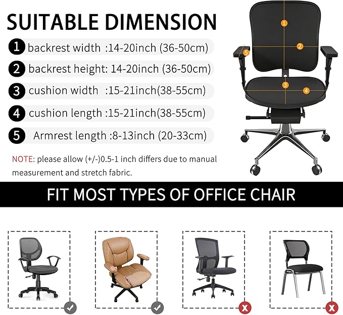Office Chair 4 Pieces Seat and Back Cover with Armrest Covers Stretch Black Split Office Desk Chair Slipcovers Water Resistant Washable