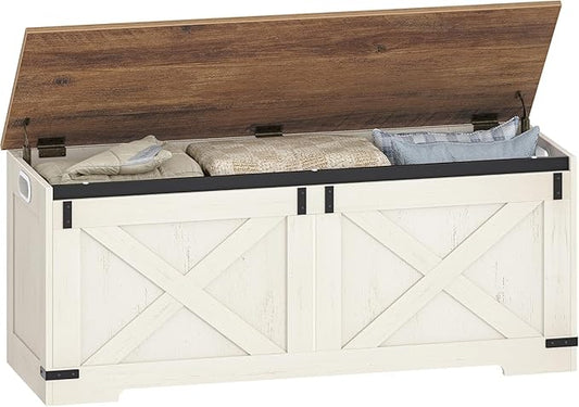 Hzuaneri 47.2" Storage Chest, Large Storage Trunk with 2 Hinges, Farmhouse Wooden Box Bench, Lift-Top Organizer Chest, Entryway Trunk for Bedroom, Living Room, White and Brown SB12114X