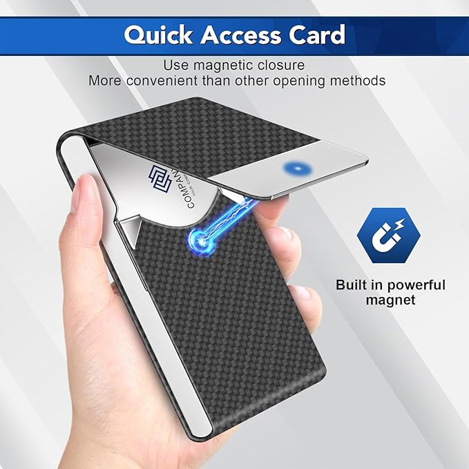 Business Card Holder, Metal Slim Business Card Case, Pocket Card Holder for Women or Men, PU Leather Business Card Holder Case RFID Blocking Name Card Holder with Magnetic Closure, Black Carbon | Slim, Business Card Case, Pocket Card Holder, RFID Block...