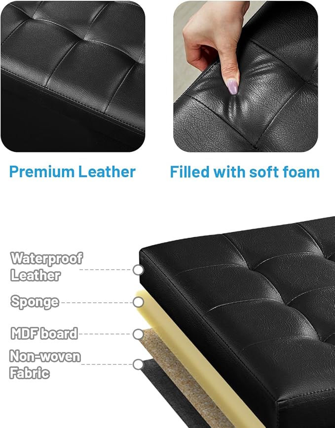 Bsketa Storage Ottoman Foot Rest Stool, Small Leather Storage Ottomans Bench, Folding Foot Stool with Handles Lid, Foot Rest Under Desk for Living Room Bedroom, 17x13x13 in, Black