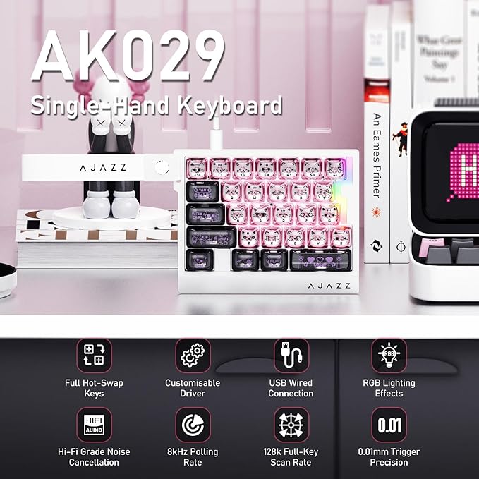 AJAZZ AK029 Wired One Handed Gaming Keyboard,Magnetic Switch, Adjustable Trigger Force, 8KHz Polling, 29 Keys Rapid Fast Mechanical Keyboard, RGB Backlight, SOCD & DKS, Aluminum Plate