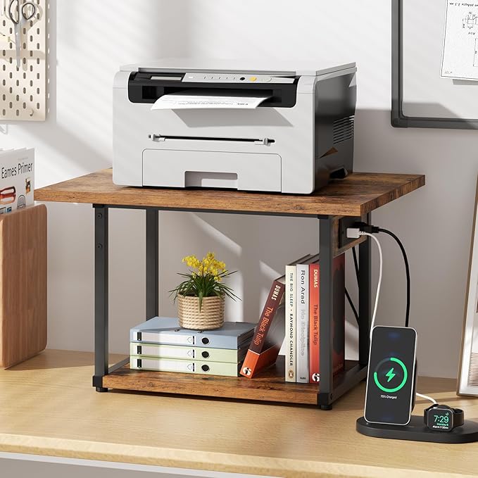 Asgolion Printer Table, 2-Tier Under Desk Printer Stand with Charging Station, Printer Stand with Wheels, Printer Shelf for Small Spaces, PrinterCart for Home Office Rustic Brown