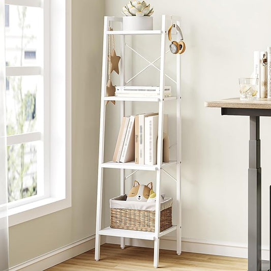 Hzuaneri Ladder Shelf, Bookshelf Bookcase, Freestanding Corner Storage Shelve with 2 Hooks for Home Office, Living Room, Kitchen, Bedroom, Industrial, 4-Tier White BC13213W