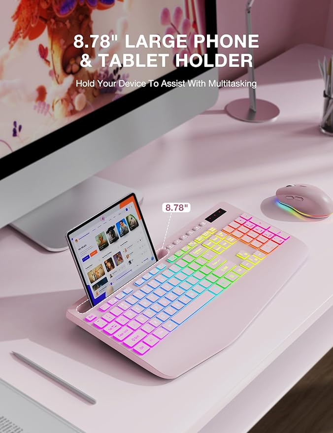 Wireless Keyboard and Mouse Combo, 9 Backlit Effects, Wrist Rest, Phone Holder, 2.4G Lag-Free Ergonomic Keyboards, KM22 MAX Rechargeable Silent Set for Computer, Laptop, Mac, Windows -SABLUTE（Pink）