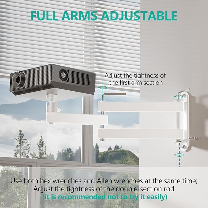 WALI Mini Foldable Projector Wall Mount with 360° Rotating Gimbal, Fully Adjustable Wall/Ceiling Mount Bracket for 1/4" M4 M6 Screw Projectors, Small Projector Holder up to 4.4lbs (1330LM-PMW), White