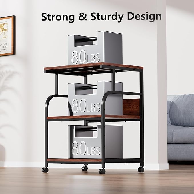 VECELO Adjustable Large Printer Stand with Power Outlet, 3-Tier Heavy Duty Cart on Lockable Wheels, Office Storage Table for Home Office, 3D Printer, Fax Machine, Scanner, Rustic Brown