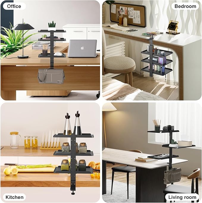 3 Tier Clamp On Desk Shelf with Adjustable Metal Storage Tray & Headphone Stand Above or Under Desk Storage Heavy Duty Shelving Unit No Drilling Desktop Shelves Fits Desks up to 2.5in Thick