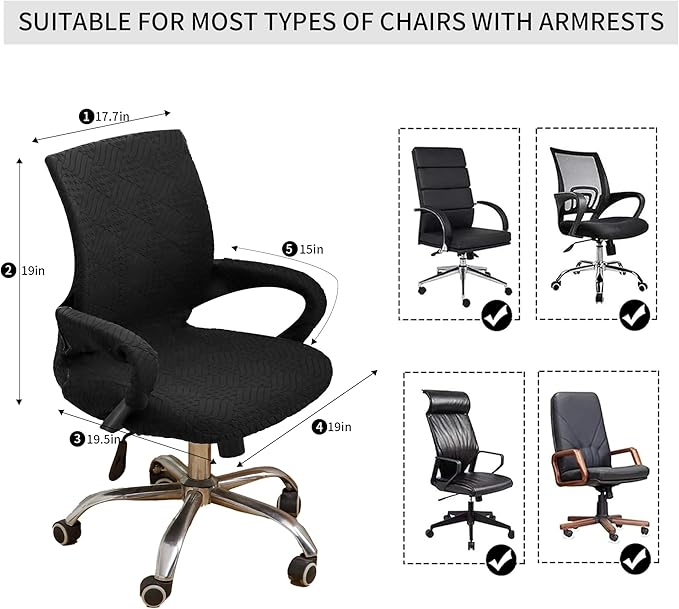 Small Office Chair Cover with Zipper Armrest Cover 18Inch Wide Stretch Black Jacquard Desk Computer Chair Covers with Arm Washable