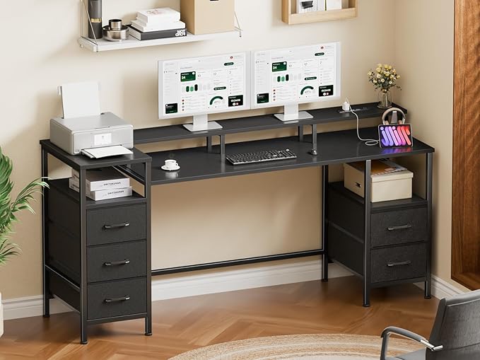 Korfile 61 Inch Computer Gaming Desk with Power Outlets & LED Lights Reversible Home Office Desk with Adjustable 5 Fabric Storage Drawers for Working Writing Study, Black