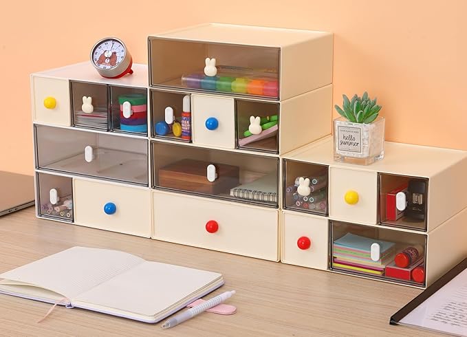 Desktop Storage Drawers, Plastic Desk Organizer with 6 Drawers, Modular Stackable Toolbox Units for Office Stationary, Makeup Container, Bathroom Countertop (3 Tiers, Cream & Clear)
