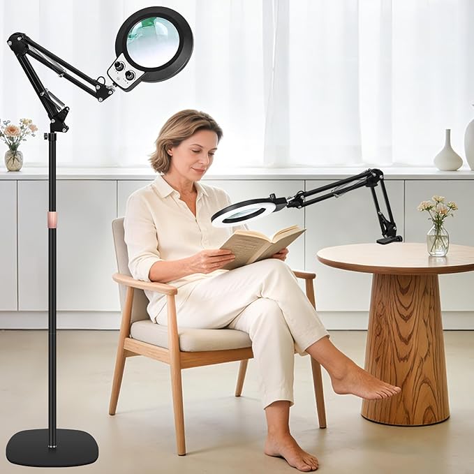 KIRKAS 12X Magnifying Glass with Light and Stand, 11.2in Stable Base Magnifying Floor Lamp for Craft, Sewing, Repair, Workbench 2 in 1 Magnifier Stepless Brightness Color Modes & Adjust Height and Arm