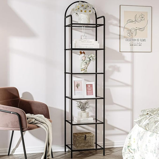 Hzuaneri Bookcase Bookshelf, Tempered Glass Bookshelves, Slim Shelving Unit for Bedroom, Bathroom, Home Office, Steel Frame, 6 Tier Black BC10601B