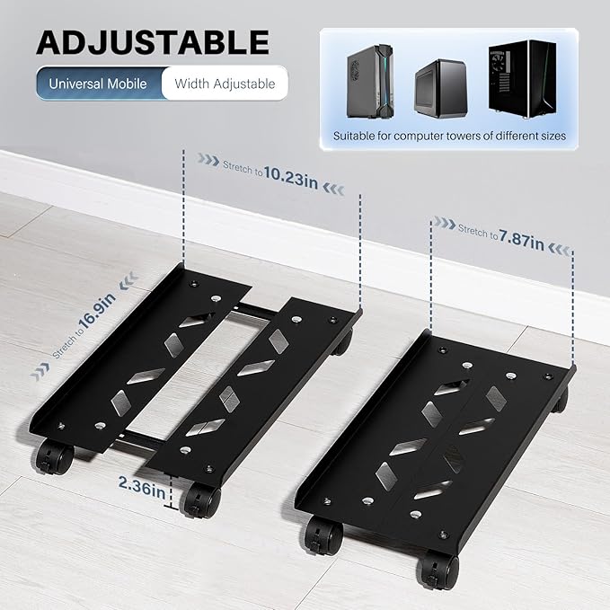 Mobile PC Tower Stand, Adjustable Metal Computer Tower Stand, PC Floor Stand with 4 Locking Caster Wheels, CPU Holder for Office,Gamers and Students