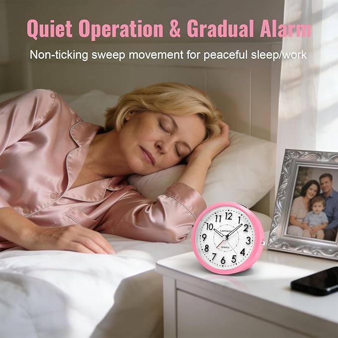 Lamisola Small Desk Clock, Battery Operated Travel Clock, Pink Analog Alarm Clock for Bedroom Home Office Bathroom Kitchen, Silent Large Display- Pink
