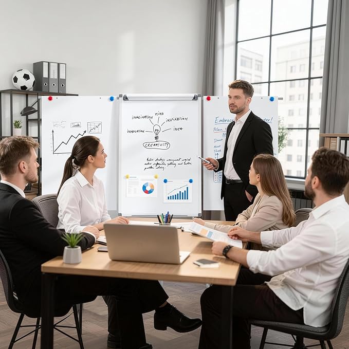 MAKELLO Flip Chart Easel, Magnetic Dry Erase Board with Stand for Office Classroom Home School, Extended Display Arms and Adjustable Height, 36x24 in
