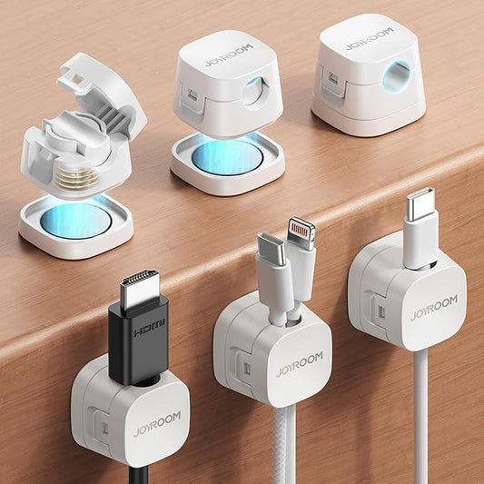 JOYROOM Detachable Magnetic Cord Organizer w/Secure Snap-Lock, 2-in-1 Adhesive& Magnetic Cable Clips, Auto-Fit Spring Management for φ1.5~8mm Cables, Under Desk Nightstand Home Office Car Wire Keeper