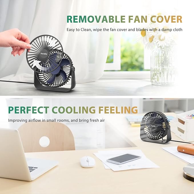 FARADAY USB Desk Fans 5 Inches Portable Table Fans 360° Head Rotation Small Personal Desktop Fan for Home Office, 3 Speeds, Black