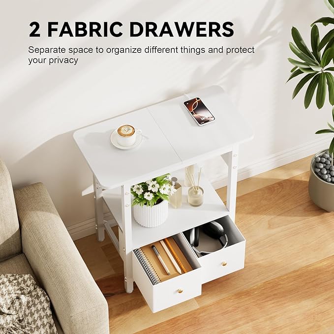 HLDIRECT Nightstand with Charging Station, Bedside Table with 2 Fabric Drawers and Large Storage Shelf for Small Space, End Table with Outlet and USB Ports for Living Room, Bedroom (White)