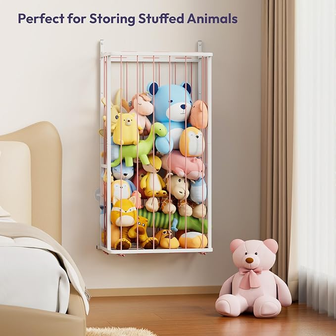 SWTYMIKI Hanging Stuffed Animal Storage - Over Door Large Plush Toy Organizer, Wall Mounted or Corner Stuffie Storage for Nursery, Doll & Bear Plush Organizer for Kid Room Bedroom (Pink, 2-Tier)