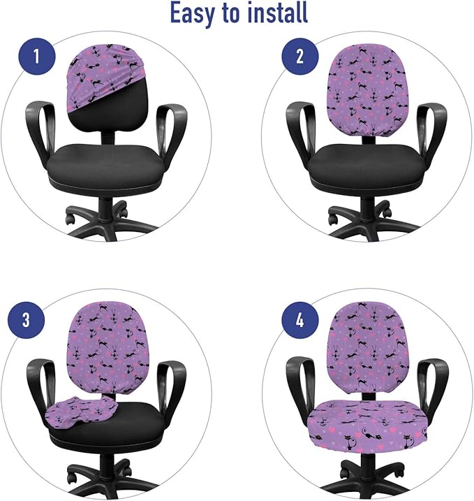 Ambesonne Cat Office Chair Slipcover, Funky Romantic Pattern with Little Hearts Funny Jumping Black Cat Characters, Protective Stretch Decorative Fabric Cover, Standard Size, Lavender Black