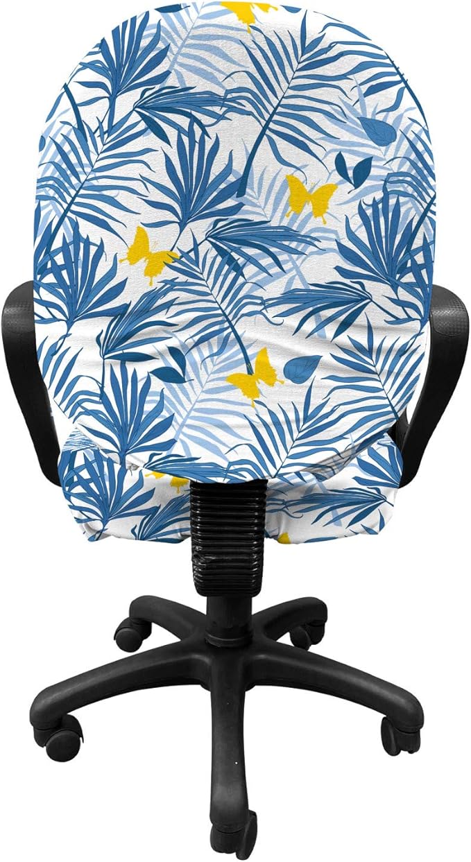 Ambesonne Tropical Office Chair Slipcover, Exotic Palm Leaves and Butterflies, Protective Stretch Decorative Fabric Cover, Standard Size, Blue Azure
