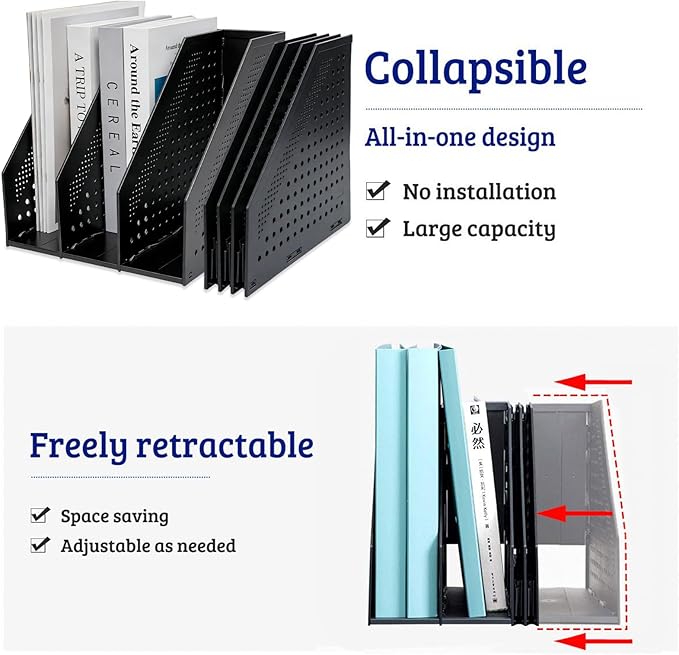 Marte Vanci Collapsible 3 Compartment Magazine Holder Desktop Organiser Adjustable Sturdy File Dividers Document Cabinet Rack Display (2 Pcs Black)