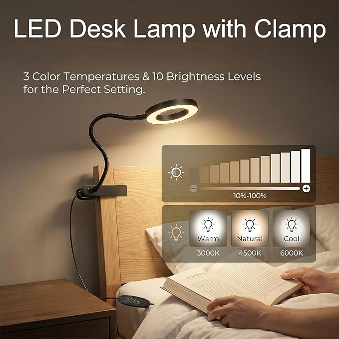 Desk Lamp with Clamp, 3 Color Modes & 10 Brightness LED Desk Light, 360°Adjustable Reading Lamps for Bed, Headboard, Clip on Light for Home Office Study Craft (Black)
